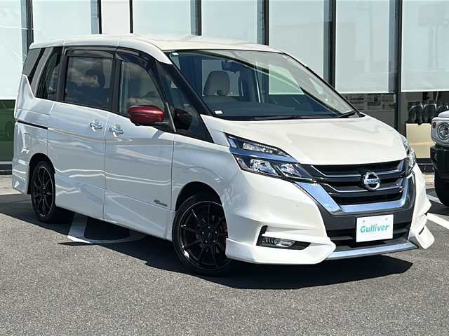 日産 セレナ ハイウェイスター 岐阜県 2016(平28)年 3.8万km ブリリアントホワイトパール 登録時走行距離37694km/純正９インチナビ　/フリップダウンモニター　/アラウンドビューカメラ　/バックカメラ　/プロパイロット　/両側パワースライドドア　/前方ドライブレコーダー　/純正エアロパーツ/レーンキープアシスト/クルーズコントロール/USB入力端子/レザーシート/前後コーナーセンサー　/LEDヘッドライト/スマートキー　/プッシュスタート　/ＥＴＣ/衝突被害軽減システム/横滑り防止装置