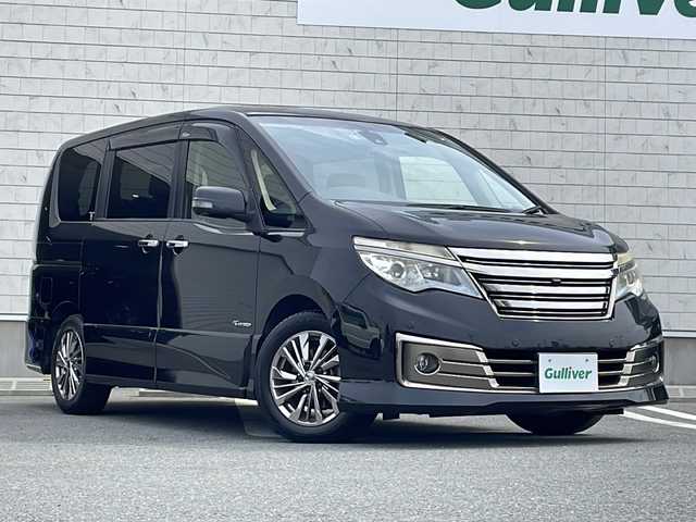 日産 セレナ ライダー BラインS HVAセーフ 山形県 2014(平26)年 8.3万km ダイヤモンドブラック 禁煙車/エマージェンシーブレーキ/純正ナビ/フルセグ/アラウンドビューモニター/クルーズコントロール/両側パワースライド/アイドリングストップ/GPSレーダー/ビルトインETC/プッシュスタート/スマートキー/LEDヘッドランプ/フォグランプ/レザーシートカバー