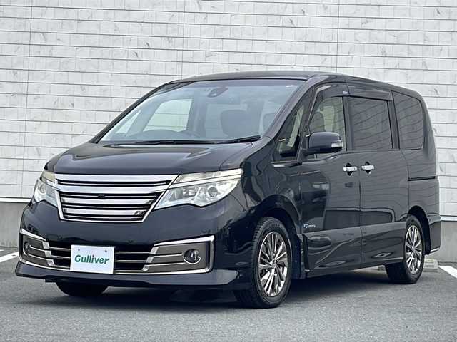 日産 セレナ ライダー BラインS HVAセーフ 山形県 2014(平26)年 8.3万km ダイヤモンドブラック 禁煙車/エマージェンシーブレーキ/純正ナビ/フルセグ/アラウンドビューモニター/クルーズコントロール/両側パワースライド/アイドリングストップ/GPSレーダー/ビルトインETC/プッシュスタート/スマートキー/LEDヘッドランプ/フォグランプ/レザーシートカバー