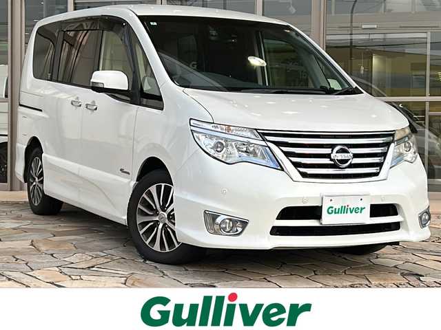 日産 セレナ ハイウェイS S HV Aセーフ 静岡県 2014(平26)年 8.5万km ブリリアントホワイトパール 純正SDナビ/・CD/・DVD/・フルセグＴＶ/・Bluetooth/・AM/・FM/主要装備/・後席モニター/・両側パワスラ/・衝突軽減/・レーンキープ/・クルコン/・コーナーセンサー前後/・全方位カメラ/・ビルトインＥＴＣ/・ドラレコ/・LEDヘッドライト/・オートライト/・フォグランプ/・純正フロアマット/・純正アルミホイール/・スマートキー/・プッシュスタート