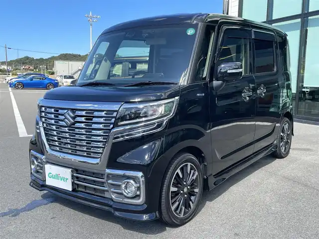 スズキ スペーシア カスタム HYBRID XS ターボ 愛媛県 2019(令1)年 6.1万km ブルーイッシュブラックパール3 純正ナビ（Bluetooth/フルセグTV/DVD再生）/両側パワースライドドア/アラウンドビューモニター/ハーフレザーシート/シートヒーター/クルーズコントロール/ETC/前方ドライブレコーダー/ドアバイザー/テレビキャンセラー/純正フロアマット/後方コーナーセンサー/LEDヘッドライト/フォグランプ