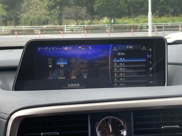 レクサス ＲＸ 200t Fスポーツ 佐賀県 2015(平27)年 9.6万km ホワイトノーヴァガラスフレーク サンルーフ/純正ナビ/パノラマミックビューモニター/プリクラッシュセーフティ/レーンディパーチャーアラート/オートハイビーム/アダプティブクルーズコントロール/クリアランスソナー/ブラインドスポットモニター/リアクロストラフィックアラート/ヘッドアップディスプレイ/電動パーキングブレーキ/オートブレーキホールド/赤革シート/シートヒーター/エアシート/メモリパワーシート/ステアリングヒーター/ステアリングリモコン/パワーバックドア/ドライブレコーダー/ビルトインETC2.0/プッシュスタート/スマートキー/3眼LEDヘッドライト/フォグライト/純正アルミホイール