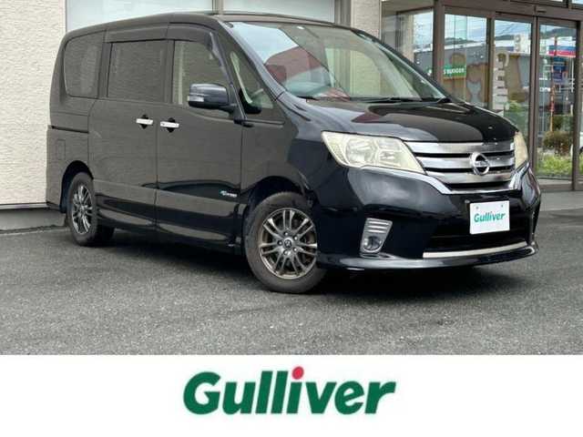 日産 セレナ ハイウェイスター Sハイブリッド 大阪府 2012(平24)年 11.8万km 黒 社外ナビ/（フルセグ／ＢＴ／ＣＤ／ＤＶＤ）/バックカメラ/横滑り機能/社外後席用モニター/純正フロアマット/両側パワースライドドア/３列シート/社外１５インチＡＷ/取扱説明書