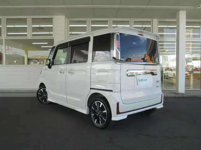 スズキ スペーシア カスタム HYBRID XS ターボ 千葉県 2021(令3)年 2.7万km ピュアホワイトP ワンオーナー/社外8インチメモリナビ、フルセグTV/バックカメラ/オーディオ【CD/DVD/SD/BT/USB】/両側パワースライドドア/デュアルカメラブレーキサポート/パーキングセンサー/レーダークルーズコントロール/LEDヘッドライト&LEDフォグ/純正15インチアルミホイール/ハーフレザーシート/D席シートヒーター/プッシュスタート/前後ドライブレコーダー/ETC/スイッチ付き革巻きステアリング/アイドリングストップ/新車保証書/取扱説明書/ナビ取扱説明書