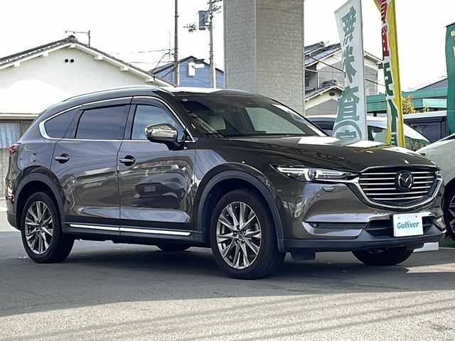 マツダ ＣＸ－８ XD Lパッケージ 愛媛県 2018(平30)年 8.7万km チタニウムフラッシュマイカ 純正メーカーメモリナビ/（AM/FM/CD/DVD/BT/USB/AUX/フルセグ）/白レザーシート/前席パワーシート/運転席シートメモリ/前後席シートヒーター/レーダークルーズコントロール/レーンキープ/衝突軽減ブレーキ/コーナーセンサー/全方位モニター/ドライブレコーダー/ステアリングヒーター/パワーバックドア/電動ホールド/スマートキー/プッシュスタート/ETC/TVキャンセラー/オートライト/社外レーダー/電動格納ミラー/ルーフレール/HUD/ロールサンシェード/ISOFIX/3列目シート