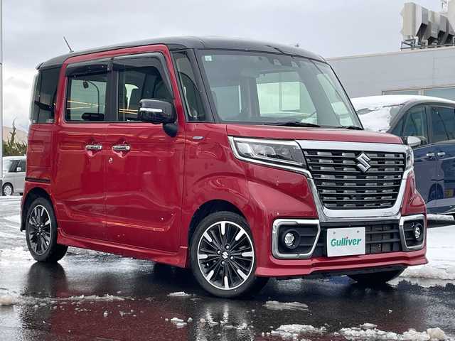 スズキ スペーシア カスタム HYBRID XS 青森県 2021(令3)年 2.1万km フェニックスレッドパール/ブルーイッシュブラックパール ・4WD/・純正ナビ/・Bluetooth/フルセグ/・全方位カメラ/・衝突軽減ブレーキ/・レーンキープアシスト/・レーダークルーズコントロール/・両側パワースライドドア/・ドライブレコーダー/・プッシュスタート/・スマートキー/・シートヒーター/・LEDヘッドライト/・LEDフォグ/・純正15AW/・オートマチックハイビーム