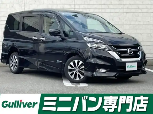 日産 セレナ ハイウェイスター 福岡県 2017(平29)年 7.6万km ダイヤモンドブラック 純正9型SDナビ(フルセグTV/CD/DVD/BT)アラウンドビューフリップダウンモニタープロパイロットコーナーセンサー両側パワスラETCデジタルインナーミラーUSB純正フロアマット純正LED純正アルミホイールスマートキープッシュスタート
