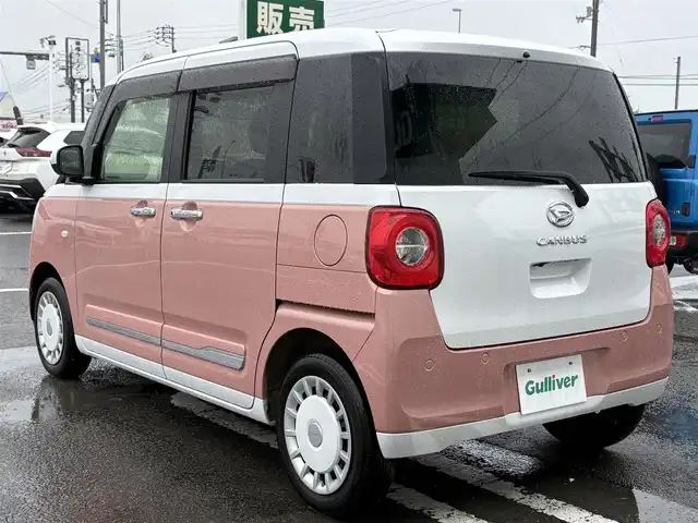 ダイハツ ムーヴ キャンバス ストライプス G 徳島県 2022(令4)年 1.2万km シャイニングホワイトパール/アプリコットピンクメタリック 純正ナビ　NMZK-W72D/（AM/FM/BT/TV/DISC/iPod）/フルセグテレビ/バックカメラ/純正前後ドライブレコーダー/前席シートヒーター/電動パーキング/両側パワースライドドア/ホットカップホルダー/ブレーキホールド機能/ドアバイザー/純正フロアマット/プッシュスタート/スマートキー/衝突被害軽減システム/LEDヘッドライト