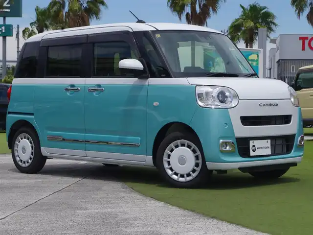 ダイハツ ムーヴ キャンバス ストライプス G 千葉県 2023(令5)年 0.2万km シャイニングホワイトパール/ファインミントメタリック スマートアシストIII/両側パワースライドドア/社外メモリーナビ/地デジTV/【DVD/CD再生機能　Bluetooth接続】/ドライブレコーダー/前席シートヒーター/LEDヘッドライト/フォグライト/コーナーセンサー/サイド/カーテンエアバッグ/キーフリーシステム
