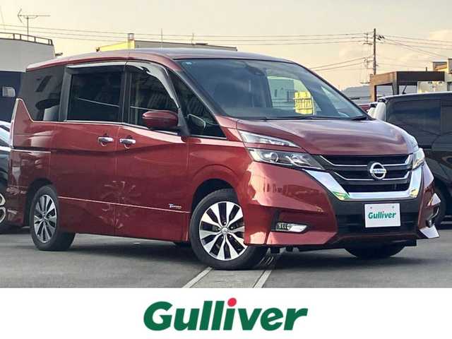 日産 セレナ ハイウェイスター 静岡県 2016(平28)年 6.9万km マルーンレッド 純正ナビ（CD/DVD/BT/フルセグ）/全方位カメラ/プロパイロット/エンジンスタートボタン/取扱説明書/パワーステアリング/パワーウィンドウ/パーキングアシスト/スマートキー/スペアキー1本/Wオートエアコン/レーダークルーズコントロール/純正後席モニター/USB入力端子/ETC/三列シート/ドライブレコーダー前後/ウォークスルー/純正フロアマット/布シート/両側パワースライドドア/純正アルミホイール/ABS/横滑り防止装置/コーナーセンサー前後/レーンキープアシスト/オートライト/LED/W+サイドエアバッグ/衝突軽減システム/デジタルインナーミラー