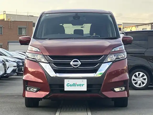 日産 セレナ ハイウェイスター 静岡県 2016(平28)年 6.9万km マルーンレッド 純正ナビ（CD/DVD/BT/フルセグ）/全方位カメラ/プロパイロット/エンジンスタートボタン/取扱説明書/パワーステアリング/パワーウィンドウ/パーキングアシスト/スマートキー/スペアキー1本/Wオートエアコン/レーダークルーズコントロール/純正後席モニター/USB入力端子/ETC/三列シート/ドライブレコーダー前後/ウォークスルー/純正フロアマット/布シート/両側パワースライドドア/純正アルミホイール/ABS/横滑り防止装置/コーナーセンサー前後/レーンキープアシスト/オートライト/LED/W+サイドエアバッグ/衝突軽減システム/デジタルインナーミラー