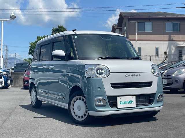 ダイハツ ムーヴ キャンバス ストライプス G 静岡県 2023(令5)年 0.8万km シャイニングホワイトパール/レイクブルーメタリック ●純正ナビ/(NMZK-W73D)/(フルセグ/CD/DVD/Bluetooth)/●全方位カメラ/●前席シートヒーター/●衝突被害軽減システム/●レーンキープアシスト/●電動パーキングブレーキ/●オートブレーキホールド/●前後コーナーセンサー/●ETC/●両側パワースライド/●ステリングスイッチ/●ホットドリンクホルダー/●USBポート/●W＋サイドSRS＆ABS