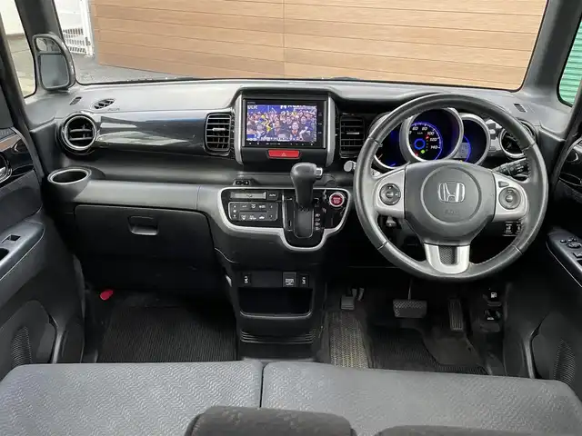 ホンダ Ｎ ＢＯＸ カスタム ターボ SSパッケージ 長野県 2014(平26)年 10.8万km スマートブラック 社外ナビ（FM/AM、CD、DVD、BT）/バックカメラ/フルセグテレビ/クルーズコントロール追従無/社外ETC/前席シートヒーター/両側パワースライドドア/横滑り防止装置/純正フロアマット/キセノンヘッドライト/フォグランプ/社外１４ＡＷ/ABS/保証書、取扱説明書/スマートキー/４ＷＤ/×事故車の為DN落禁止×