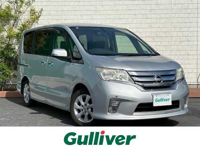 日産 セレナ ハイウェイスター Sハイブリッド 茨城県 2013(平25)年 13.9万km ホワイト 純正ＳＤナビ　/ＥＴＣ　/バックカメラ　/後席モニター　/片側パワースライドドア　/コーナーセンサー前後　/キセノンヘッドライト　/プッシュスタート　/オートライト　/純正アルミホイール　/純正フロアマット　/エアバックＷ/パワーステアリング/パワーウィンドウ