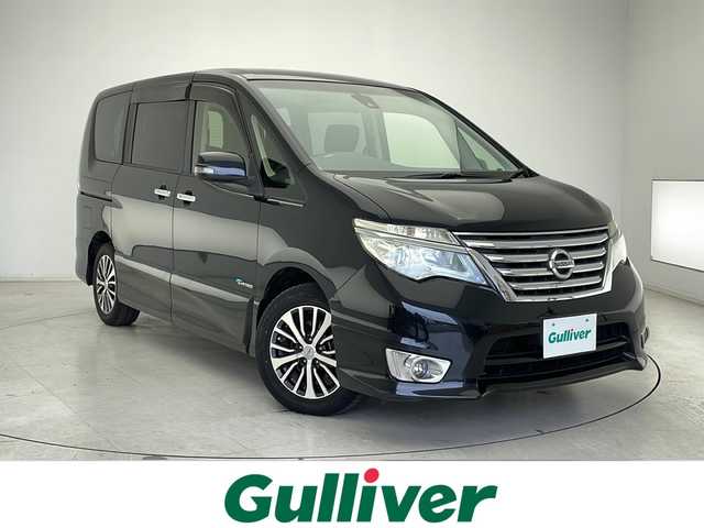 日産 セレナ ハイウェイスター Sハイブリッド 大阪府 2014(平26)年 8.2万km ダイヤモンドブラック フリップダウンモニター/社外メモリナビ/　　CD/DVD/SD/フルセグTV/両側パワースライドドア/クルーズコントロール/HIDオートライト/フォグランプ/純正15インチアルミホイール/レーンキープアシスト/アイドリングストップ/スマートキー/ETC
