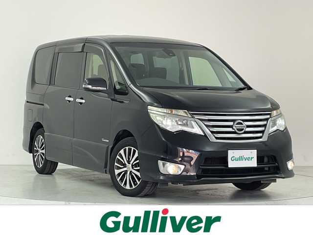 日産 セレナ ハイウェイスター Sハイブリッド 大阪府 2014(平26)年 8.2万km ダイヤモンドブラック フリップダウンモニター/社外メモリナビ/　　CD/DVD/SD/フルセグTV/両側パワースライドドア/クルーズコントロール/HIDオートライト/フォグランプ/純正15インチアルミホイール/レーンキープアシスト/アイドリングストップ/スマートキー/ETC