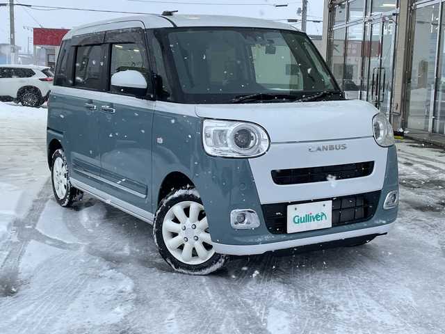 ダイハツ ムーヴ キャンバス ストライプス G 道北・旭川 2023(令5)年 1.9万km シャイニングホワイトパール/レイクブルーメタリック /４WD//禁煙車//社外ナビ/CD/DVD/SD/BT/USB/TV//バックカメラ//両側パワースライドドア//前席シートヒーター//前方ドライブレコーダー//ETC//アイドリングストップ//ホっとカップホルダー//オートエアコン//スマートアシスト/衝突回避支援/誤発進抑制機能/車線逸脱警報機能/ふらつき警報機能/先行車発進お知らせ機能/標識認識機能/アダプティブクルーズコントロール//ステアリングスイッチ//オートライト//LEDヘッドライト//LEDフォグランプ//電動格納ミラー//スマートキー//スペアキー//プッシュスタート