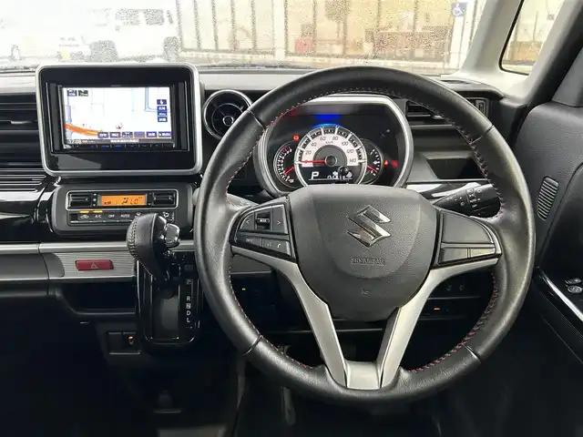 スズキ スペーシア カスタム HYBRID XS 鳥取県 2019(平31)年 4.7万km ブルーイッシュブラックパール3 社外メモリナビ（AM・FM・ワンセグ・Bluetooth・CD・DVD）/ドライブレコーダー/ビルトインETC/バックカメラ/コーナーセンサー/衝突被害軽減ブレーキ/両側パワースライドドア/運転席シートヒーター/車線逸脱防止機能/アイドリングストップ/プッシュスタート/オートライト/横滑り防止機能
