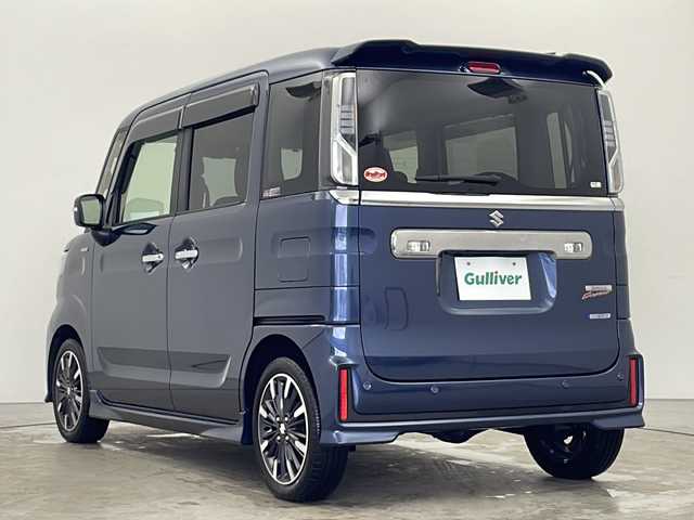 スズキ スペーシア カスタム HYBRID XS ターボ 秋田県 2023(令5)年 3.1万km インディゴブルーメタリック 社外ナビ　KENWOOD 【AM/FM/CD/DVD/BT】　/フルセグＴＶ　/バックカメラ　/USBポート/デュアルカメラブレーキサポート　/ハーフレザーシート　/ＬＥＤヘッドライト　/前方ドライブレコーダー　/スマートキー　/スペアキー有り/純正エンジンスターター /両側パワースライドドア/プッシュスタート　/クルーズコントロール/衝突被害軽減システム/ステアリングリモコン/プッシュスタート /パドルシフト/前席シートヒーター/クリアランスソナー /レーンキープアシスト/横滑り防止装置/PWR/電格ミラー/アイドリングストップ/オートライト/オートエアコン /純正AW/コーナーセンサー /リアサンシェード /革巻きステアリング/ウィンカーミラー /フォグライト /サイドバイザー