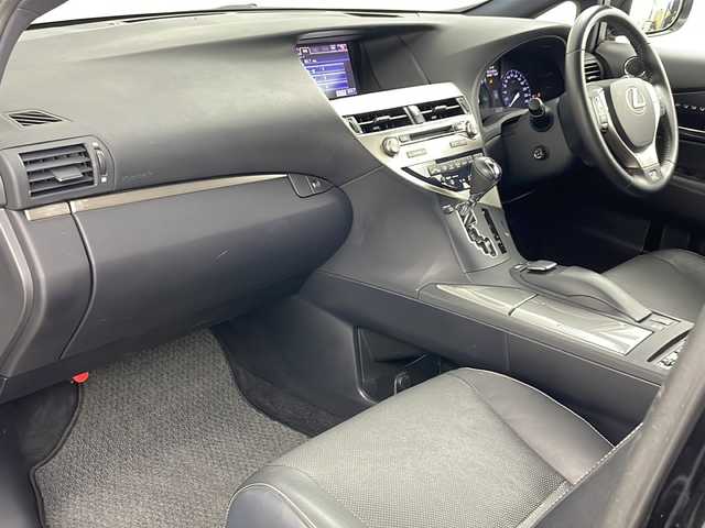 レクサス ＲＸ 450h Fスポーツ 道央・札幌 2013(平25)年 6.6万km ブラック ・4WD/・純正ナビ&CD&DVD&BT/・パワーバックドア/・バックカメラ/・クルーズコントロール/・ビークルスタビリティコントロール/・ヘッドアップディスプレイ/・前後ドライブレコーダー/・ビルトインETC/・前席シートヒーター/・レザーシート/・社外フロアマット/・プッシュスタート/・ヘッドライトウォッシャー/・LEDヘッドライト/・オートライト/・スマートキー/・スペアキー