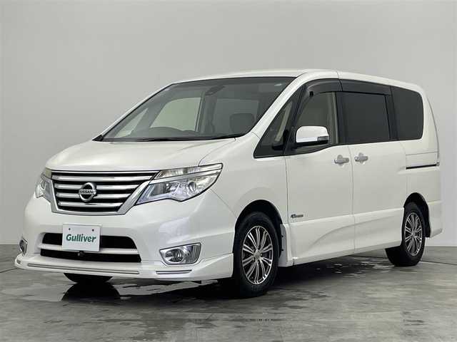日産 セレナ ハイウェイS G Sハイブリッド 群馬県 2014(平26)年 7.6万km ブリリアントホワイトパール 社外８インチナビ　フリップダウンモニター１０．１インチ　バックカメラ　クルーズコントロール　エマージェンシーブレーキ　車線逸脱警報　両側パワースライドドア　ＬＥＤヘッドライト　ハーフレザーシート