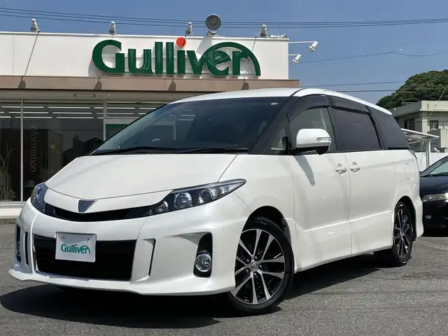 トヨタ エスティマ アエラス レザーパッケージ 三重県 2014(平26)年 4.9万km ホワイトパールクリスタルシャイン ♪走行48477km/純正8インチナビ/・フルセグ・CD録音/・DVD再生・SD/・Bluetoothオーティオ/ブルーレイディスクプレーヤー内蔵/　純正フリップダウンモニター/　・DVD/BD/SD/バックカメラ/両側パワースライドドア/スマートキー/プッシュスタート/黒革シート/パワーシート/前席シートヒーター/クルーズコントロール/HIDヘッドライト/フォグライト /オートライト/ウィンカーミラー /セカンドシートオットマン/革巻ステアリング/ステアリングスイッチ/ビルトインETC/ウッドパネル/ドライブレコーダー/レーダー探知機/プライバシーガラス/ドアバイザー/電格ミラー/フロアマット