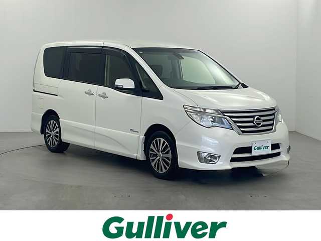 日産 セレナ HWS S HV Vセレ +Sefty 栃木県 2015(平27)年 5.1万km ブリリアントホワイトパール ワンオーナー /純正SDナビ/（CD/DVD/BT/フルセグ/AM/FM）/フリップダウンモニター/衝突軽減ブレーキ/クルーズコントロール/バックカメラ/横滑り防止装置/両側パワースライドドア/ビルトインETC/ステアリングスイッチ/純正アルミホイール/プッシュスタート/スマートキー/スペアキー/保証書/取扱説明書