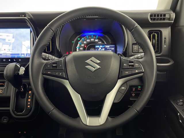 スズキ ハスラー HYBRID X ターボ 宮崎県 2024(令6)年 0.8万km ブルーイッシュブラックパール3 メーカーナビ　CD/DVD/AM/FM/SD/BT/Apple Car Play/Android Auto/スズキセーフティサポート/・デュアルカメラブレーキサポート(衝突軽減ブレーキ)/・後退時ブレーキサポート(衝突軽減ブレーキ)/・前方誤発進抑制機能/・後方誤発進抑制機能/・車線逸脱抑制機能/・車線逸脱警報機能/・ふらつき警報機能/・標識認識機能/・アダプティブクルーズコントロール/・先行車発進お知らせ機能/・ハイビームアシスト/・全方位バックカメラ/スマートキー　スペア1本/前後ドライブレコーダー/アイドリングストップ/コーナーセンサー/電動格納ミラー/シートヒーター/パドルシフト/フロアマット/ドアバイザー/ETC