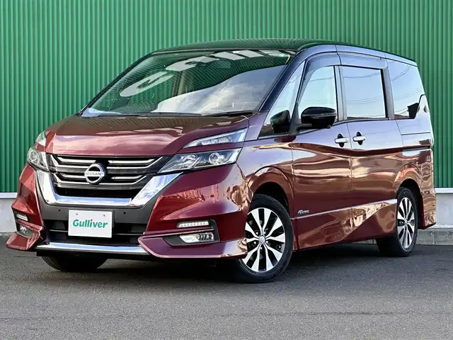 日産 セレナ ハイウェイスター Vセレクション 宮城県 2018(平30)年 10万km マルーンレッド 2トーン セーフティパックA/＝＝＝/エマージェンシーブレーキ/車線逸脱警報/標識検知機能/コーナーセンサー/純正フリップダウンモニター/純正9インチナビ（MM517D-L）/・CD/DVD/・Blu-ray/・Bluetooth/・フルセグTV/ビルトインETC/ドライブレコーダー/ハンズフリー両側パワースライドドア/革巻きステアリング/ステアリングスイッチ/LEDヘッドランプ/フォグランプ/オートライト/スマートキー＆プッシュスタート/スペアキー1本/エンジンスターター/電動格納ミラー/純正16インチAW/純正フロアマット/ドアバイザー