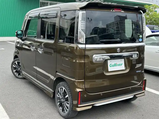 スズキ スペーシア カスタム HYBRID XS ターボ 島根県 2018(平30)年 1.9万km ブレイブカーキP ８インチ純正ＳＤナビ/フルセグTV/DVD再生/Ｂｌｕｅｔｏｏｔｈオーディオ/全方位/バック/サイドカメラ/前方ドライブレコーダー/後方コーナーセンサー/ＥＴＣ/両側パワースライドドア/クルーズコントロール/衝突被害軽減ブレーキ/横滑り防止装置/レーンキープアシスト/リアサーキュレーター/ハーフレザーシート/D席シートヒーター/アイドリングストップ/純正LEDヘッドライト/純正フロアマット/純正15インチアルミホイール