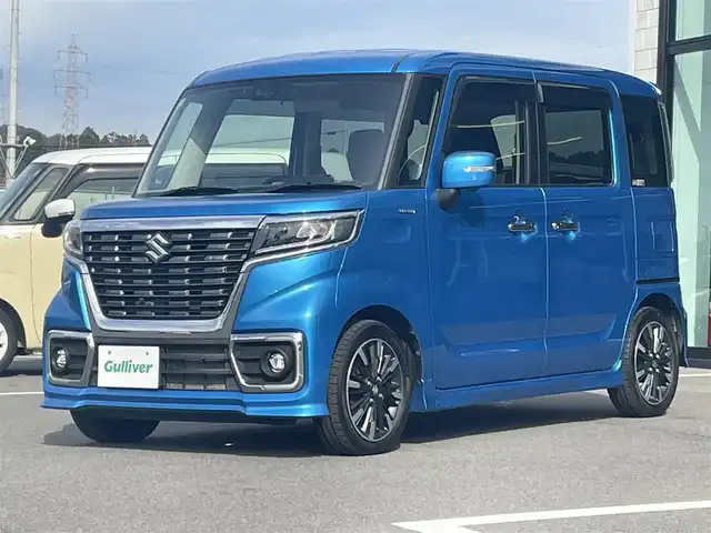 スズキ スペーシア カスタム HYBRID XS 愛媛県 2020(令2)年 8.7万km ブリスクブルーM 純正8型ナビ(Bluetooth/フルセグTV)/全周囲カメラ/両側電動スライドドア/リアサーキュレーター/ヘッドアップディスプレイ/衝突被害軽減装置/車線逸脱防止装置/アイドリングストップ/バックソナー/LEDヘッドライト/オートライト/オートマチックハイビーム/ハーフレザーシート/シートヒーター/後席サンシェイド/純正ドアバイザー/電格ミラー/純正フロアマット/現状サマー(純正AW)(165/55/R15)/BRIDGESTONE NEWNO/禁煙車