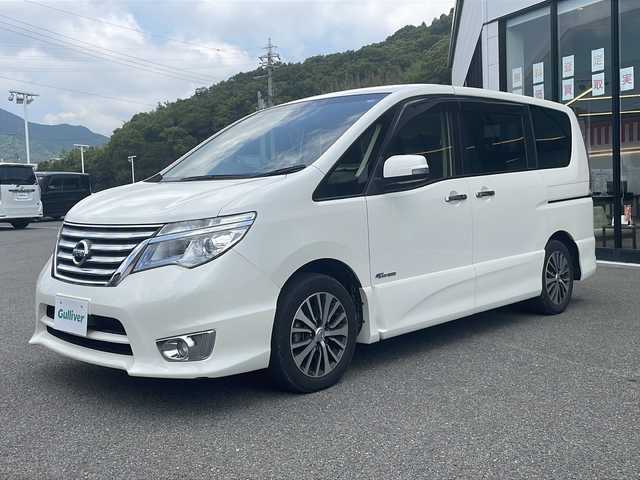 日産 セレナ ハイウェイスター Sハイブリッド 兵庫県 2014(平26)年 6.5万km ブリリアントホワイトパール 純正SDナビ/・BT/・CD/DVD/・フルセグTV/純正フリップダウンモニター/オートクルーズコントロール/レーン逸脱警報/純正アルミホイール/純正フロアマット/両側パワースライドドア/Wエアバック/LEDライト
