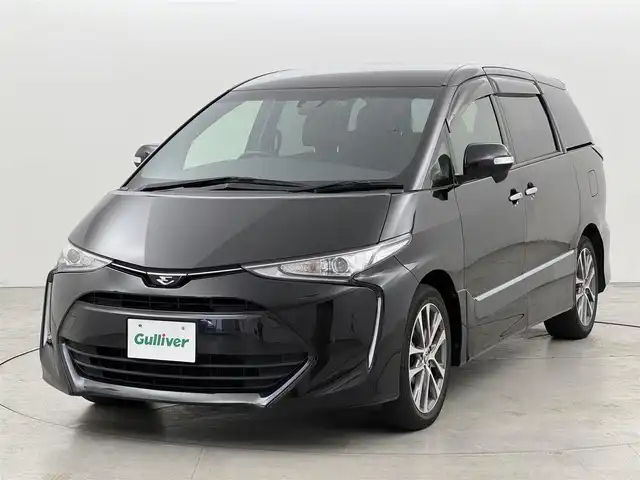 トヨタ エスティマ アエラス プレミアム 福岡県 2018(平30)年 3.2万km ブラック ワンオーナー　/後席モニター　/純正ナビ／フルセグＴＶ　/バックカメラ　/ビルトインETC　/前方ドライブレコーダー　/クルーズコントロール　/衝突被害軽減ブレーキ　/レーンキープ　/両側電動スライドドア　/ハーフレザーシート　/パワーシート　/純正１８インチＡＷ　/LEDヘッドライト