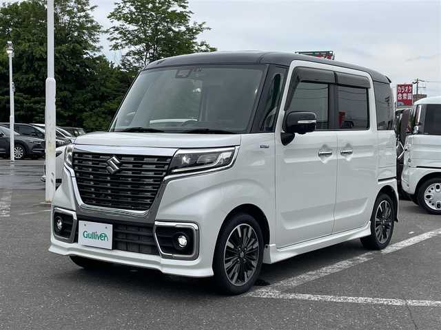 スズキ スペーシア カスタム HYBRID XS 青森県 2019(平31)年 8.6万km ピュアホワイトパール/ブラック2トーン ４WD/社外ナビ/TV/CD/DVD/BTBCASなし/ドライブレコーダー/ETC/前席シートヒーター/両側パワースライドドア/ドアバイザー/スマートキー/コーナーセンサー/デュアルセンサーブレーキサポート/キープレーン/アイドリングオフ