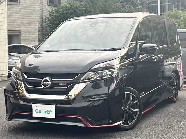 日産 セレナ ニスモ 埼玉県 2018(平30)年 4.5万km ダイヤモンドブラック 純正SDナビ（MM518D-L）/AM/FM/BT/CD/DVD/i pod/HDMI/Blu-ray/アラウンドビューモニターモニター/フリップダウンモニター（ALPINE）/両側パワースライドドア/NISMOセーフティーパック/プロパイロット/エマージェンシーブレーキ/レーダークルーズコントロール/パーキングアシスト/レーンキープアシスト/ふらつき警報/ビルトインETC/純正17インチアルミホイール/ステアリングリモコン/デジタルインナーミラー/ドライブレコーダー（前後）/コーナーセンサー/エコモード/アイドリングストップ/横滑り防止装置/プッシュスタート/スマートキー×２/ウィンカーミラー/オートライト/LEDヘッドライト/フォグランプ/純正フロアマット/保証書/取扱説明書