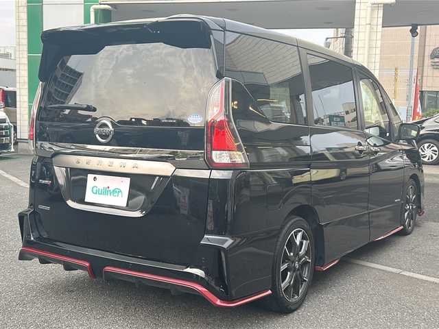日産 セレナ ニスモ 埼玉県 2018(平30)年 4.5万km ダイヤモンドブラック 純正SDナビ（MM518D-L）/AM/FM/BT/CD/DVD/i pod/HDMI/Blu-ray/アラウンドビューモニターモニター/フリップダウンモニター（ALPINE）/両側パワースライドドア/NISMOセーフティーパック/プロパイロット/エマージェンシーブレーキ/レーダークルーズコントロール/パーキングアシスト/レーンキープアシスト/ふらつき警報/ビルトインETC/純正17インチアルミホイール/ステアリングリモコン/デジタルインナーミラー/ドライブレコーダー（前後）/コーナーセンサー/エコモード/アイドリングストップ/横滑り防止装置/プッシュスタート/スマートキー×２/ウィンカーミラー/オートライト/LEDヘッドライト/フォグランプ/純正フロアマット/保証書/取扱説明書