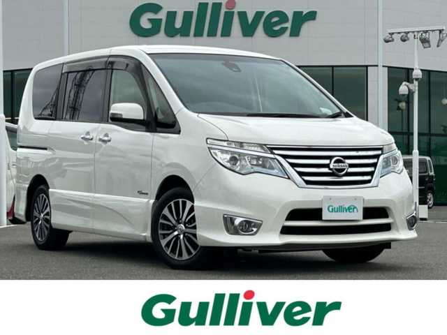 日産 セレナ HWS S HV Vセレ +Sefty 佐賀県 2015(平27)年 10.4万km ブリリアントホワイトパール 社外メモリーナビゲーション/・フルセグTV/CD/DVD/SD/USB/Bluetooth/フリップダウンモニター/バックカメラ/ETC/両側パワースライドドア/後席エアコン/後席サンシェード/ISOFIX対応/革巻きステアリング/純正16インチアルミホイール/純正LEDヘッドライト/純正フォグランプ/純正フロアマット/純正ドアバイザ―/新車保証書/取扱説明書/スペアキー１本/クルーズコントロール/レーンディパーチャーワーニング/横滑り防止装置