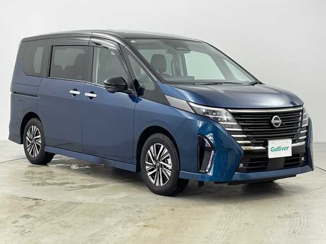 日産 セレナ e－パワー ルキシオン 道央・札幌 2023(令5)年 0.5万km 青Ⅱ ・NISSANConnectナビ/・BT&USB&フルセグTV/・HDMI&AppleCarPlay/・全方位カメラ内臓式ドライブレコーダー前後/・プロパイロット/・インテリジェントクルーズコントロール/・エマージェンシーブレーキ/・両側パワースライドドア/・レザーシート/・ステアリングスイッチ/・ヘッドアップディスプレイ/・ビルトインETC2.0/・インテリジェントルームミラー/・AC1500W/・LEDヘッドライト/・オートライト/・オートマチックハイビーム/・プッシュスタート/・スマートキー