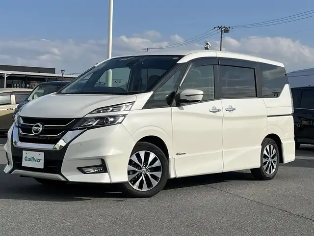 日産 セレナ ハイウェイスター G プロパイロットED 奈良県 2016(平28)年 6万km ブリリアントホワイトパール 純正9インチナビ（MM516D-L）/（フルセグ/BT/CD/DVD）/carrozzeria10インチフリップダウンモニター/（TVM-FW1020）/プロパイロット/バックカメラ/前後コーナーセンサー/衝突軽減システム/レーンキープアシスト/両側パワースライドドア/ハーフレザーシート（ブラウンXベージュ）/前席シートヒーター/後席サンシェード/LEDヘッドライト/オートライト/前方ドライブレコーダー/純正16インチAW/取り扱い説明書/スペアキーX1