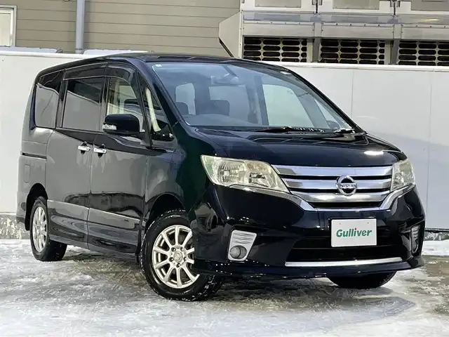 日産 セレナ ハイウェイスター Vセレクション 青森県 2012(平24)年 3.6万km スーパーブラック ワンオーナー/4WD/純正メモリナビ/【AM/FM/CD/DVD/SD/BT/AUX】/フルセグテレビ/バックカメラ/クルーズコントロール/両側パワースライドドア/アイドリングストップ/純正フロアマット/純正AW夏タイヤ積込/ETC/取扱説明書/保証書