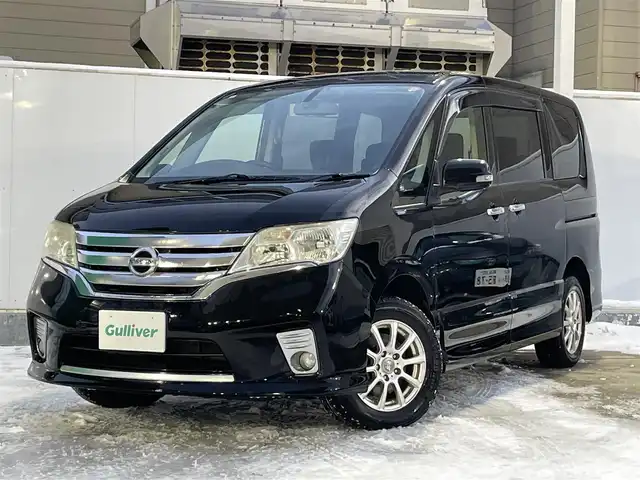 日産 セレナ ハイウェイスター Vセレクション 青森県 2012(平24)年 3.6万km スーパーブラック ワンオーナー/4WD/純正メモリナビ/【AM/FM/CD/DVD/SD/BT/AUX】/フルセグテレビ/バックカメラ/クルーズコントロール/両側パワースライドドア/アイドリングストップ/純正フロアマット/純正AW夏タイヤ積込/ETC/取扱説明書/保証書