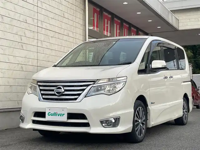 日産 セレナ ハイウェイスター Sハイブリッド 鹿児島県 2014(平26)年 9.6万km ブリリアントホワイトパール ワンオーナー/後期型/メーカーOP/8インチナビゲーション/フルセグTV/DVD/CD/Bluetooth/SD/USB/AUX/純正フリップダウンモニター/エマージェンシーブレーキ/車線逸脱警告/電動スライドドア/クルーズコントロール/バックカメラ/スマートキーx2/ETC/LEDヘッドライト/オートエアコン/リアオートエアコン/新車保証書/取扱説明書