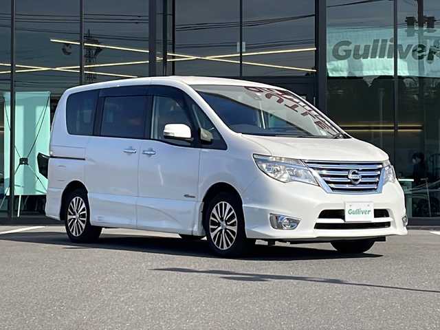 日産 セレナ ハイウェイスター Sハイブリッド 鹿児島県 2014(平26)年 9.6万km ブリリアントホワイトパール ワンオーナー/後期型/メーカーOP/8インチナビゲーション/フルセグTV/DVD/CD/Bluetooth/SD/USB/AUX/純正フリップダウンモニター/エマージェンシーブレーキ/車線逸脱警告/電動スライドドア/クルーズコントロール/バックカメラ/スマートキーx2/ETC/LEDヘッドライト/オートエアコン/リアオートエアコン/新車保証書/取扱説明書