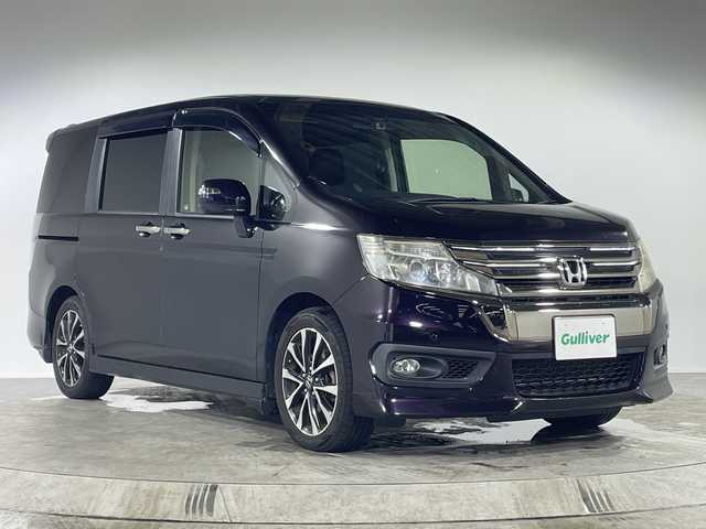 ホンダ ステップワゴン スパーダ Z クールスピリット 福岡県 2013(平25)年 12.4万km プレミアムコスミックバイオレットパール 純正9型SDナビ/（CD/DVD/BT/フルセグ）/フリップダウンモニター/バックカメラ/クルーズコントロール/コーナーセンサー/両側パワースライド/ETC/ドラレコ前後/キセノンライト/オートライト/フォグランプ/革巻きステアリング/パドルシフト/アイドリングストップ