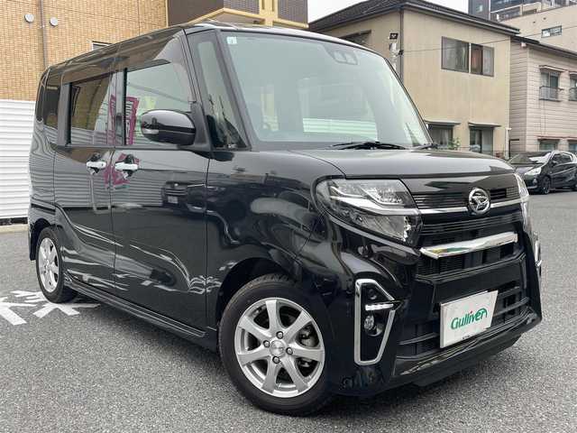 ダイハツ タント カスタム RS 広島県 2021(令3)年 0.8万km ブラックマイカメタリック ワンオーナー/純正９インチSDナビ/地デジ/全方位モニター/スマートアシスト/アダプティブクルーズコントロール/両側パワースライドドア/ハーフレザーシート/シートヒーター/LEDヘッドランプ/オートライト/LEDフロントフォグランプ/キーフリーシステム/スペアキー×１/ビルトインETC/社外１５インチアルミ/純正積み込み/新車時整備手帳/　　【保証書】/取扱説明書