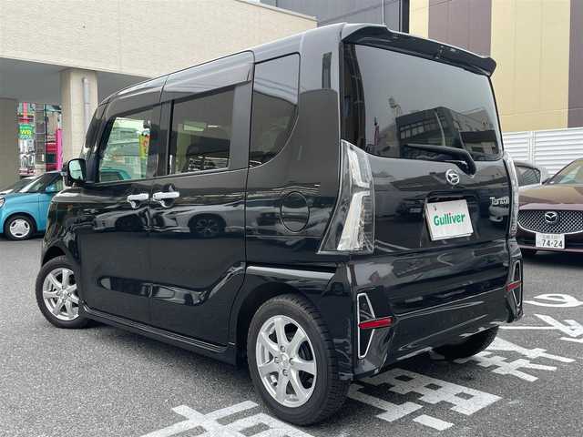 ダイハツ タント カスタム RS 広島県 2021(令3)年 0.8万km ブラックマイカメタリック ワンオーナー/純正９インチSDナビ/地デジ/全方位モニター/スマートアシスト/アダプティブクルーズコントロール/両側パワースライドドア/ハーフレザーシート/シートヒーター/LEDヘッドランプ/オートライト/LEDフロントフォグランプ/キーフリーシステム/スペアキー×１/ビルトインETC/社外１５インチアルミ/純正積み込み/新車時整備手帳/　　【保証書】/取扱説明書