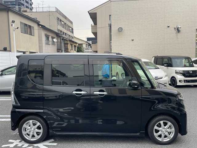 ダイハツ タント カスタム RS 広島県 2021(令3)年 0.8万km ブラックマイカメタリック ワンオーナー/純正９インチSDナビ/地デジ/全方位モニター/スマートアシスト/アダプティブクルーズコントロール/両側パワースライドドア/ハーフレザーシート/シートヒーター/LEDヘッドランプ/オートライト/LEDフロントフォグランプ/キーフリーシステム/スペアキー×１/ビルトインETC/社外１５インチアルミ/純正積み込み/新車時整備手帳/　　【保証書】/取扱説明書