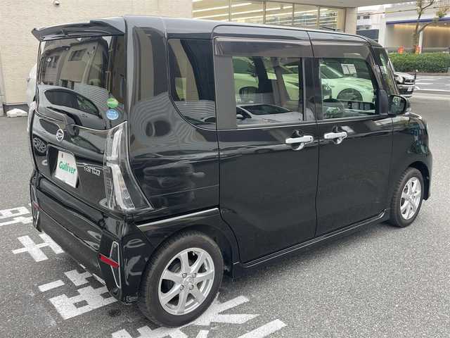 ダイハツ タント カスタム RS 広島県 2021(令3)年 0.8万km ブラックマイカメタリック ワンオーナー/純正９インチSDナビ/地デジ/全方位モニター/スマートアシスト/アダプティブクルーズコントロール/両側パワースライドドア/ハーフレザーシート/シートヒーター/LEDヘッドランプ/オートライト/LEDフロントフォグランプ/キーフリーシステム/スペアキー×１/ビルトインETC/社外１５インチアルミ/純正積み込み/新車時整備手帳/　　【保証書】/取扱説明書