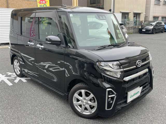 ダイハツ タント カスタム RS 広島県 2021(令3)年 0.8万km ブラックマイカメタリック ワンオーナー/純正９インチSDナビ/地デジ/全方位モニター/スマートアシスト/アダプティブクルーズコントロール/両側パワースライドドア/ハーフレザーシート/シートヒーター/LEDヘッドランプ/オートライト/LEDフロントフォグランプ/キーフリーシステム/スペアキー×１/ビルトインETC/社外１５インチアルミ/純正積み込み/新車時整備手帳/　　【保証書】/取扱説明書