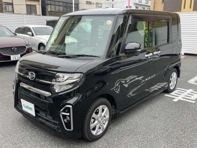 ダイハツ タント カスタム RS 広島県 2021(令3)年 0.8万km ブラックマイカメタリック ワンオーナー/純正９インチSDナビ/地デジ/全方位モニター/スマートアシスト/アダプティブクルーズコントロール/両側パワースライドドア/ハーフレザーシート/シートヒーター/LEDヘッドランプ/オートライト/LEDフロントフォグランプ/キーフリーシステム/スペアキー×１/ビルトインETC/社外１５インチアルミ/純正積み込み/新車時整備手帳/　　【保証書】/取扱説明書
